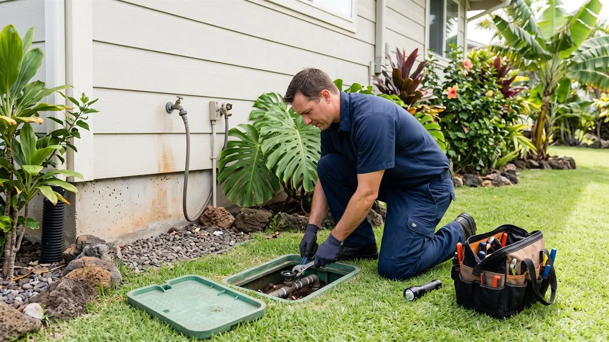 Plumbing technician explaining repair options to homeowner in Mililani